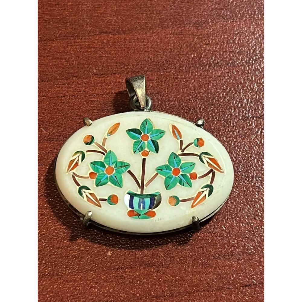 Vintage Sterling Silver Pietra Dura Mosaic Floral Heart Pendant